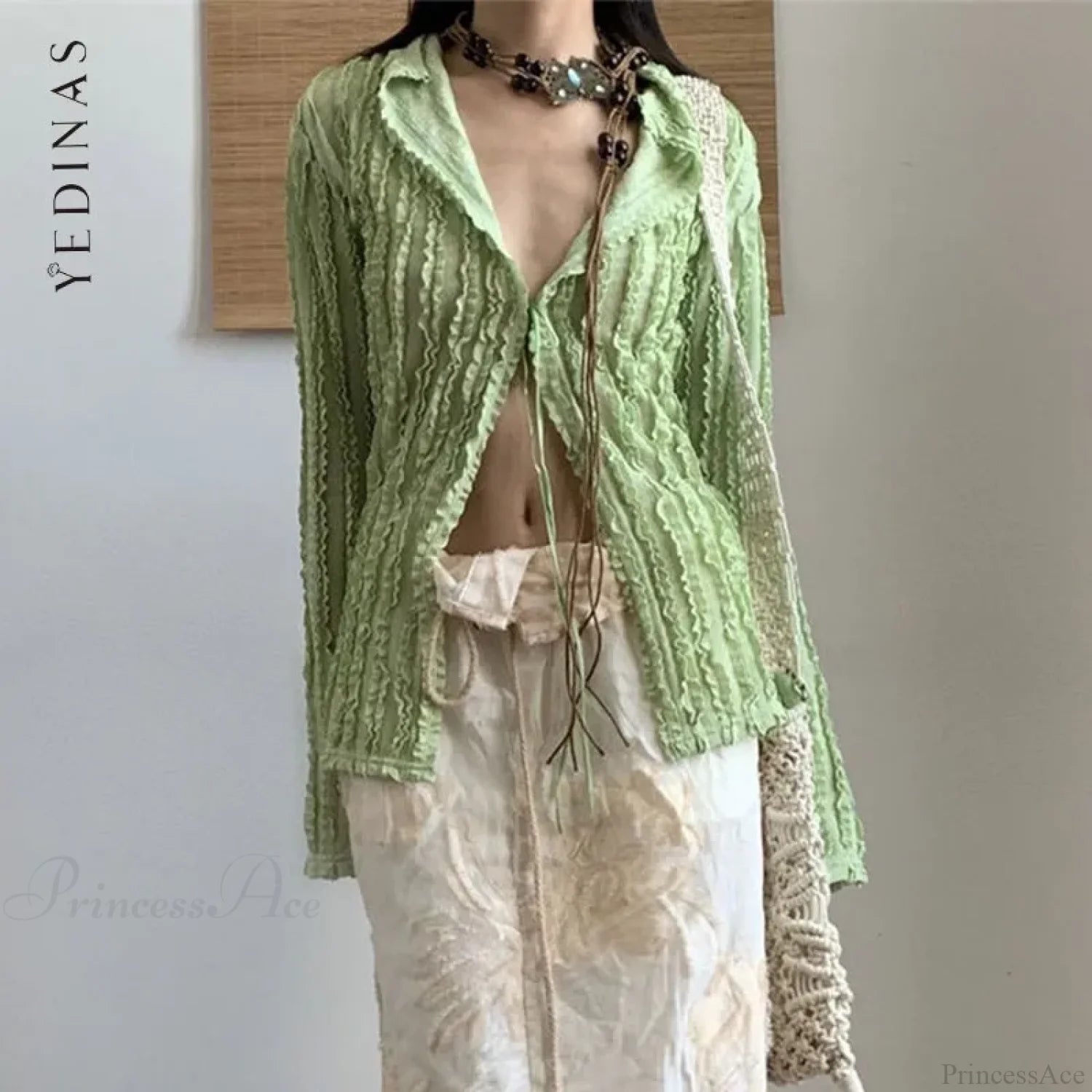Green Vintage Long Sleeve Blouse blouse-250223