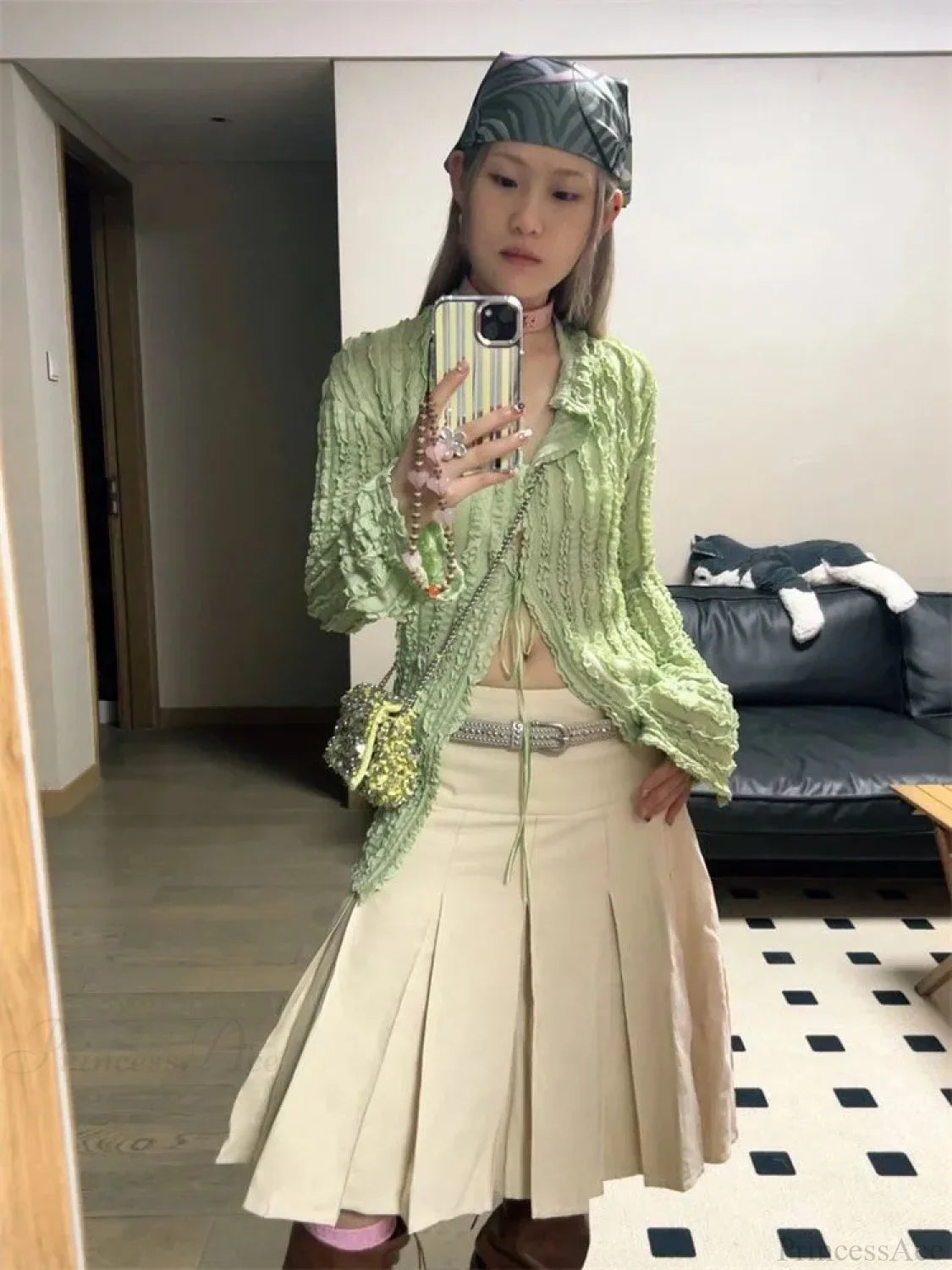 Green Vintage Long Sleeve Blouse blouse-250223