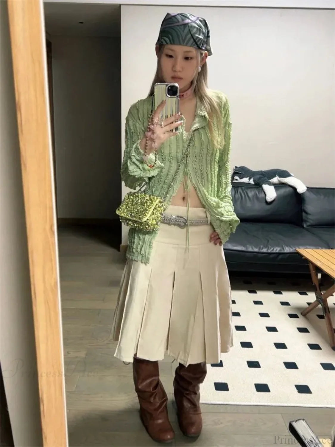 Green Vintage Long Sleeve Blouse blouse-250223