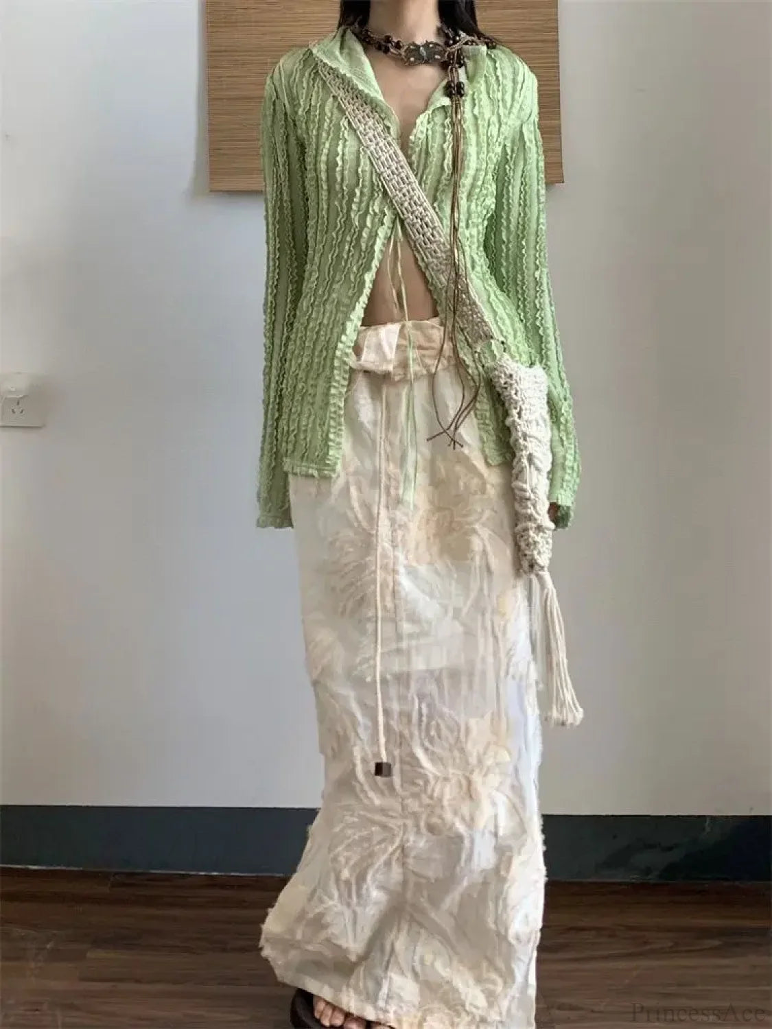 Green Vintage Long Sleeve Blouse blouse-250223