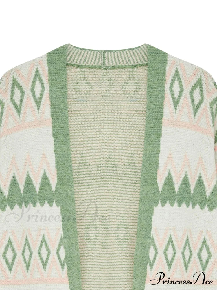 Green White Knee Length Loose Open Cardigan Sweater