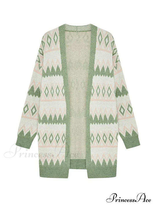 Green White Knee Length Loose Open Cardigan Sweater / S