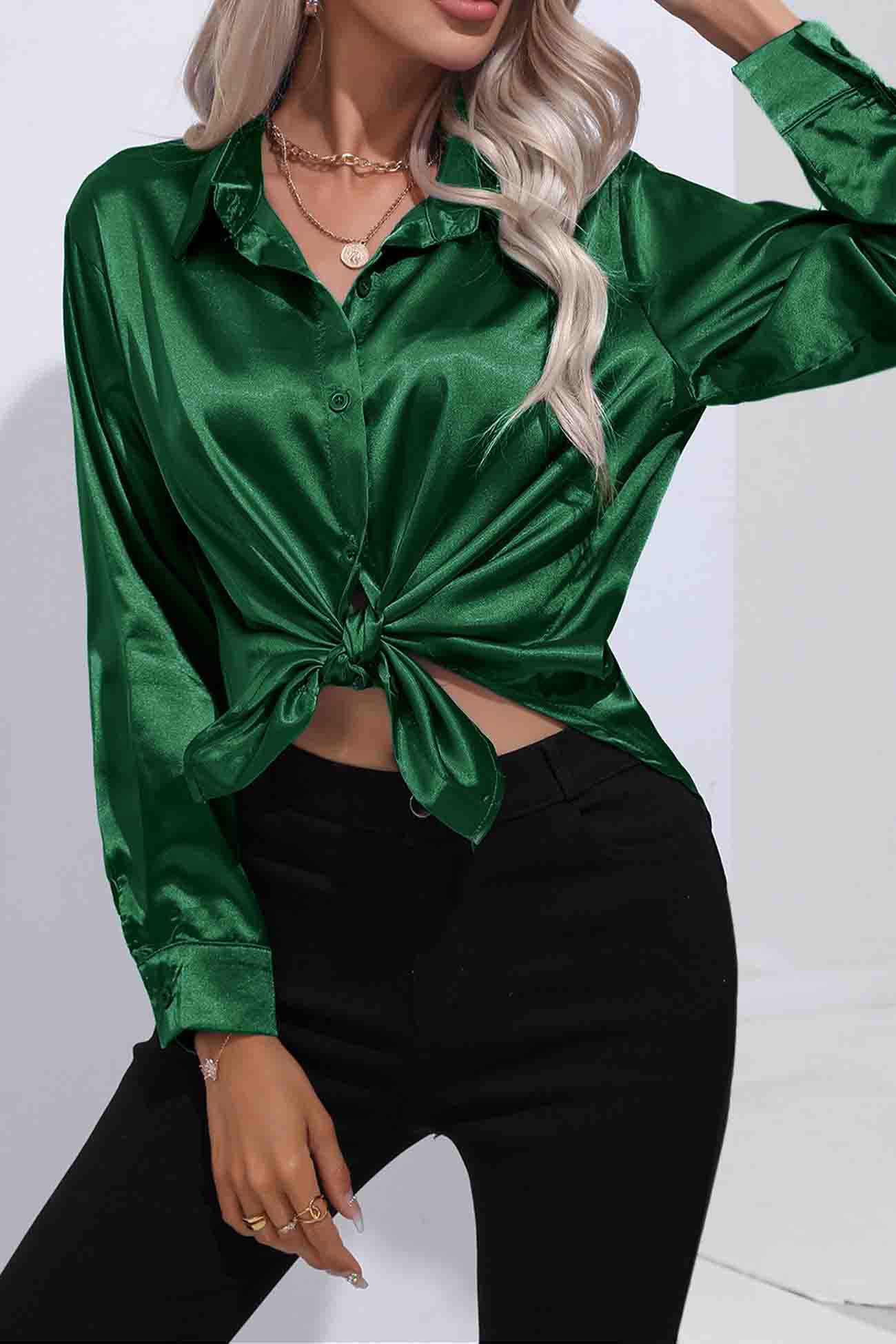 Satin Button Up Blouse with Lapel