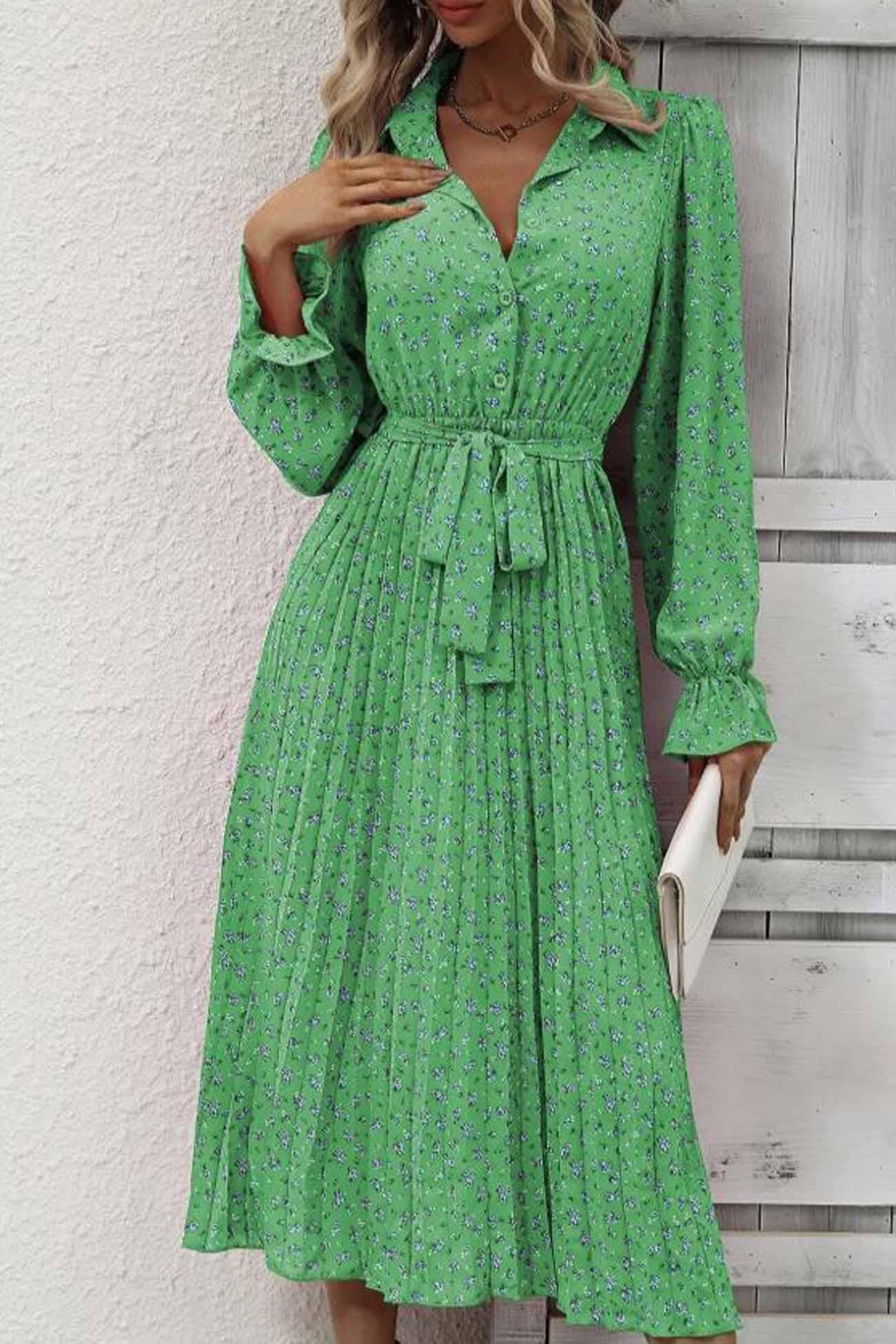 Floral Tie Waist Long Sleeve Pleated Midi Dress