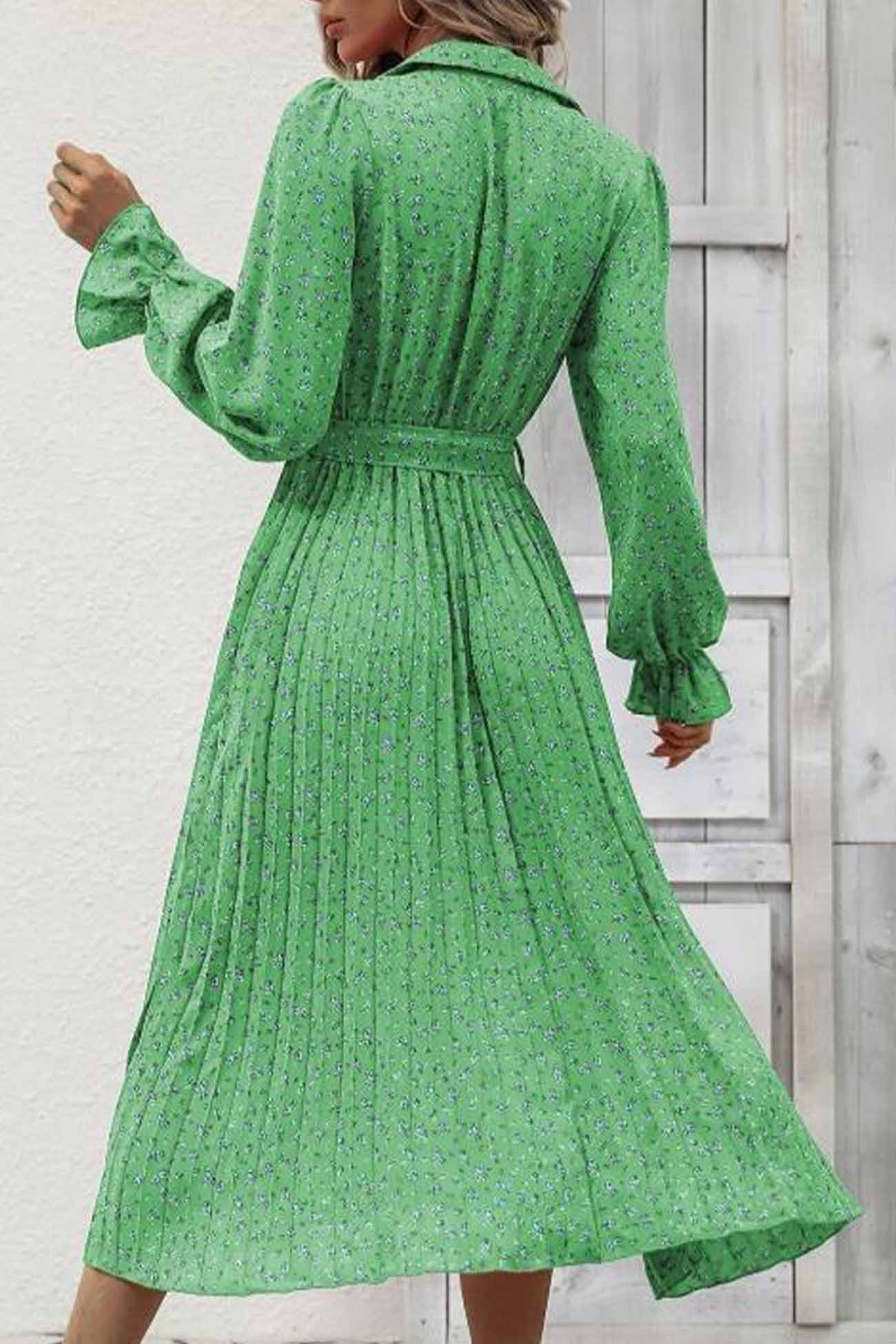 Floral Tie Waist Long Sleeve Pleated Midi Dress