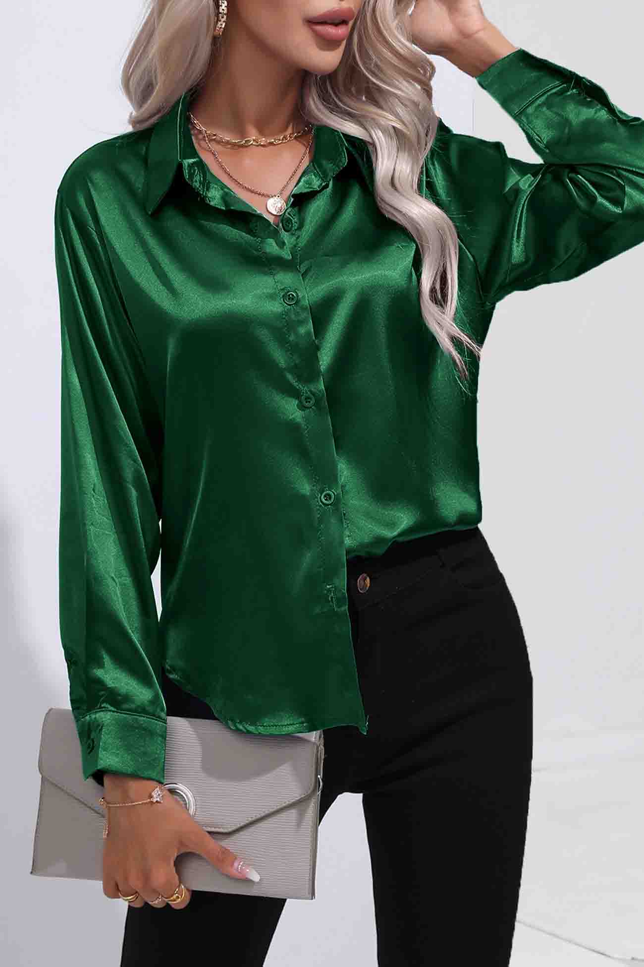 Satin Button Up Blouse with Lapel