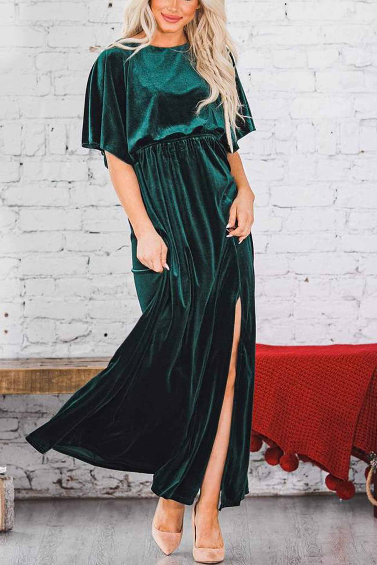 Velvet Crew Neck Midi Dress with High Slit