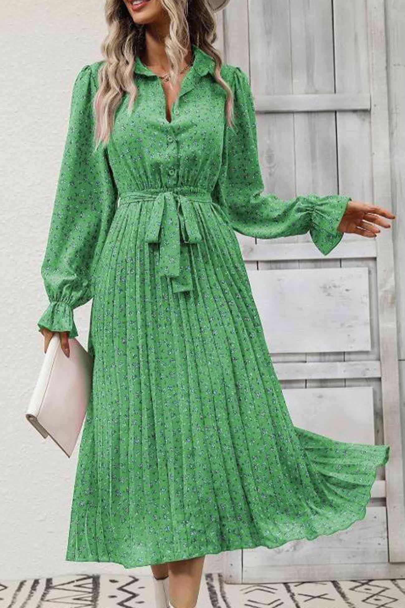 Floral Tie Waist Long Sleeve Pleated Midi Dress