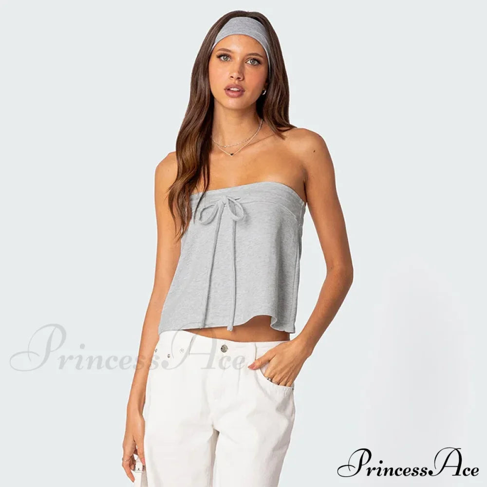 Grey Bow Tube Charming Jersey Crop Top Tops