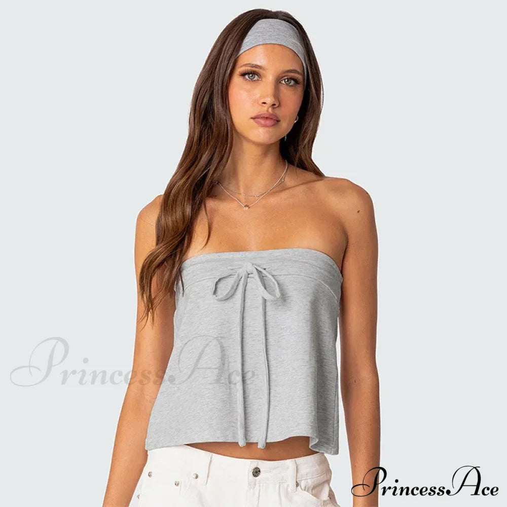 Grey Bow Tube Charming Jersey Crop Top Tops