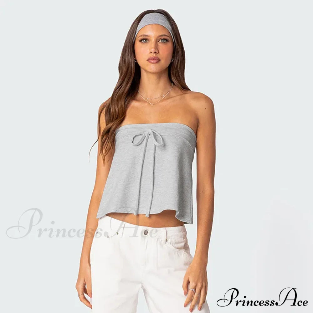 Grey Bow Tube Charming Jersey Crop Top Tops