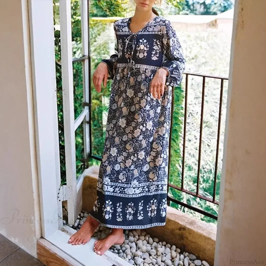 Grey Floral Print Lantern Sleeve Tassel Vintage Maxi Boho Dress Grey / S bohodress-250126