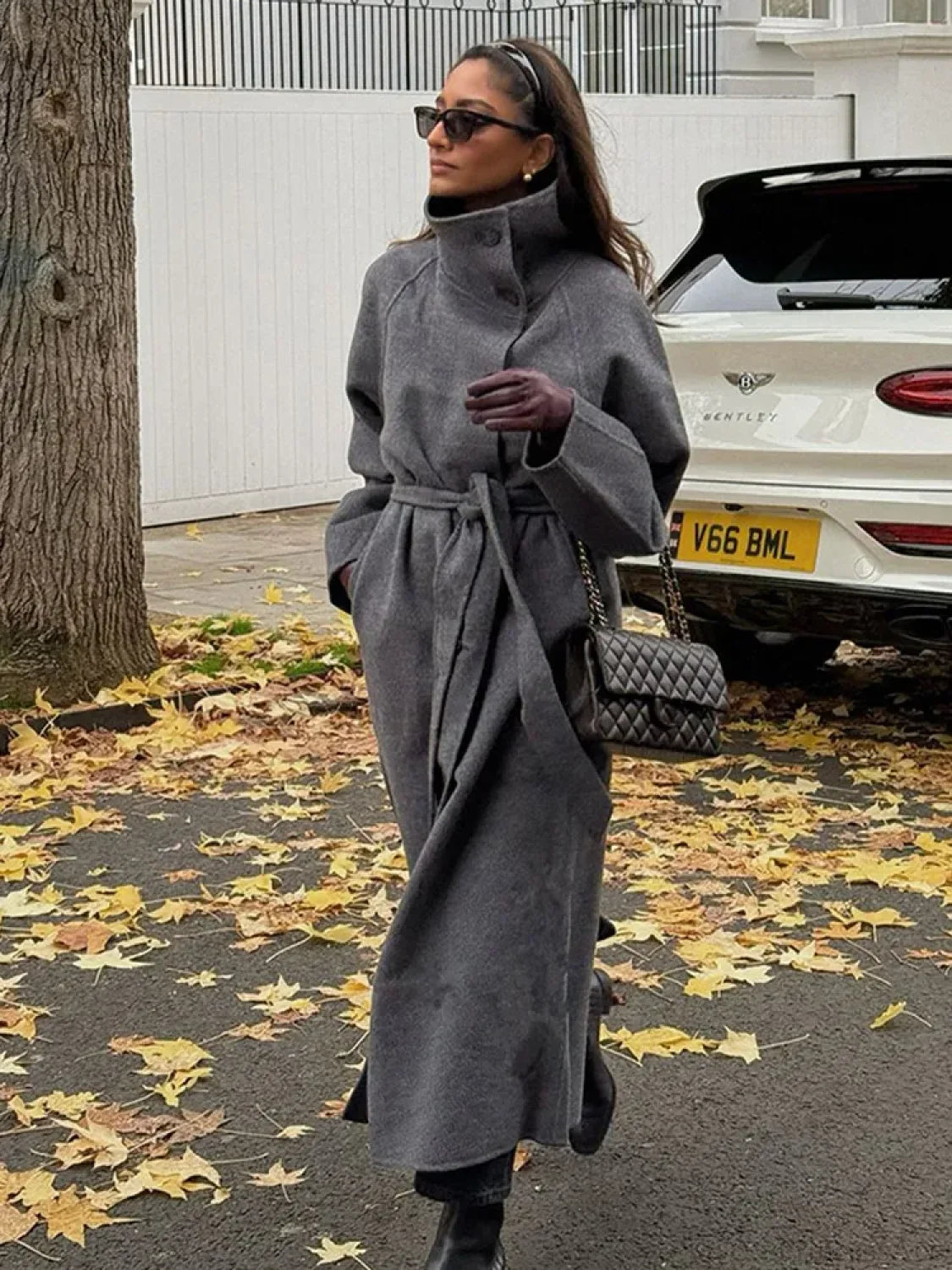 Grey High Collar Long Woolen Coat