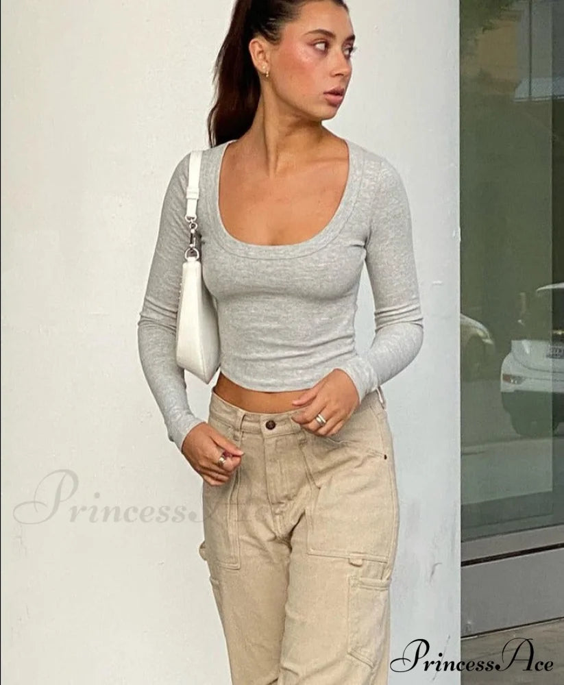 Grey Ribbed Long Charming Sleeve Crop Top