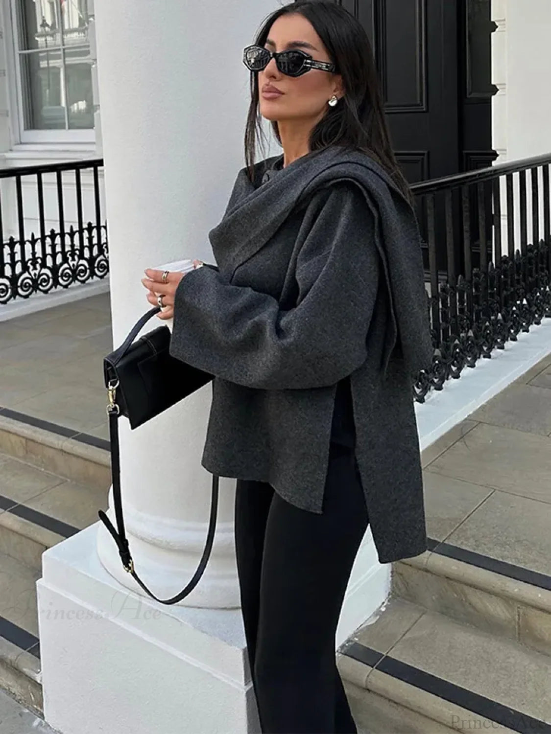 Grey Scarf Collar Woolen Coat