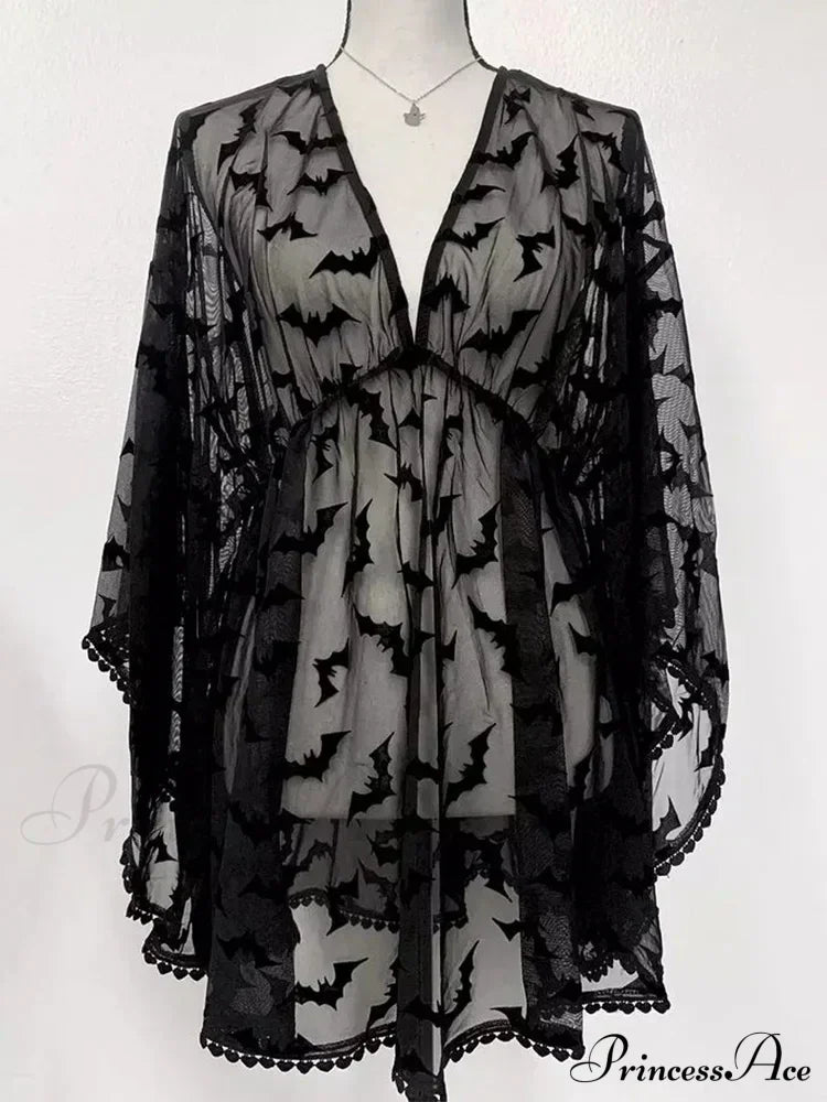 Grunge Aesthetic See Through Black Goth Lace E-Girls Chiffon Graphic Bat Night Club Dress / S