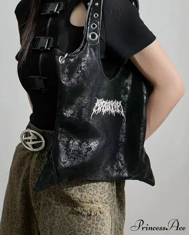 Grunge Black Gothic Dark Pu Leather Large Capacity Vintage Rivet Messenger Bag Halloween