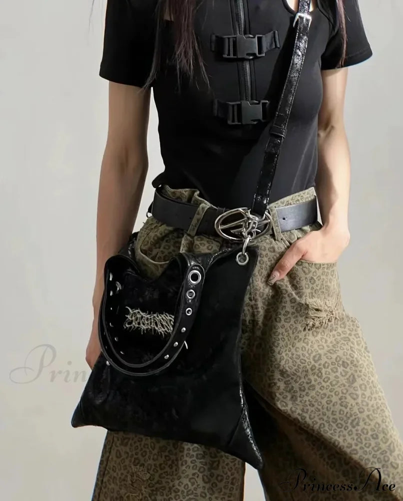 Grunge Black Gothic Dark Pu Leather Large Capacity Vintage Rivet Messenger Bag Halloween