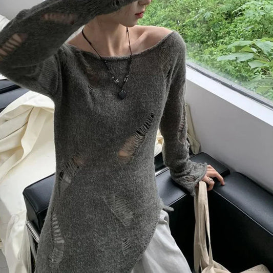 Grunge Hollow Out Knitted Sweater Slim Thin Pullover Knit Top GRAY / One Size knittop-250126