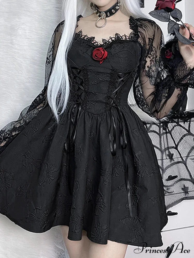 Grunge Party High Waist Gothic Dark Sexy A-Line Jacquard Lace Sleeve Lolita Vintage Harajuku Dress