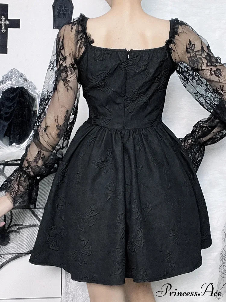 Grunge Party High Waist Gothic Dark Sexy A-Line Jacquard Lace Sleeve Lolita Vintage Harajuku Dress