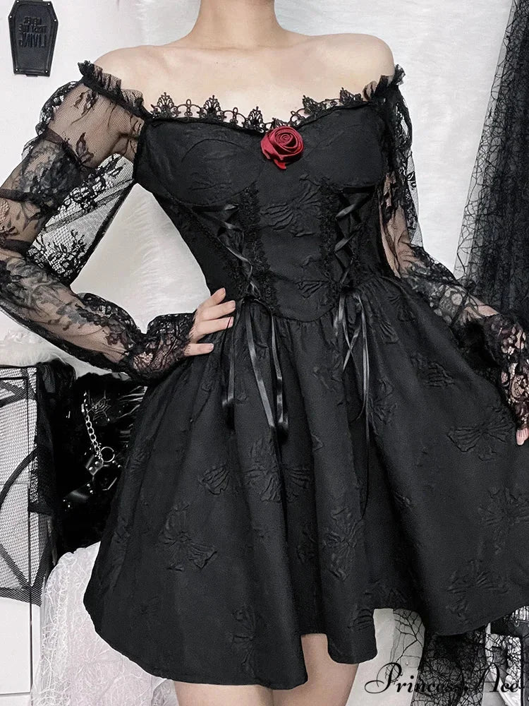 Grunge Party High Waist Gothic Dark Sexy A-Line Jacquard Lace Sleeve Lolita Vintage Harajuku Dress