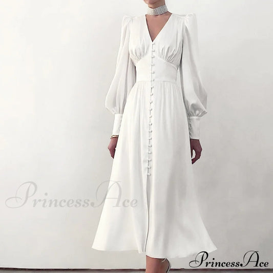 Guest Wedding Satin Full-Length Silk Gown Mid-Calf Empire Evening Vintage Party Buttons Dress