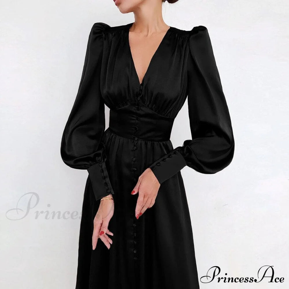 Guest Wedding Satin Full-Length Silk Gown Mid-Calf Empire Evening Vintage Party Buttons Dress Black