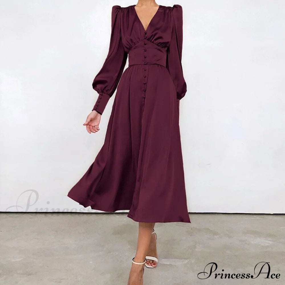 Guest Wedding Satin Full-Length Silk Gown Mid-Calf Empire Evening Vintage Party Buttons Dress