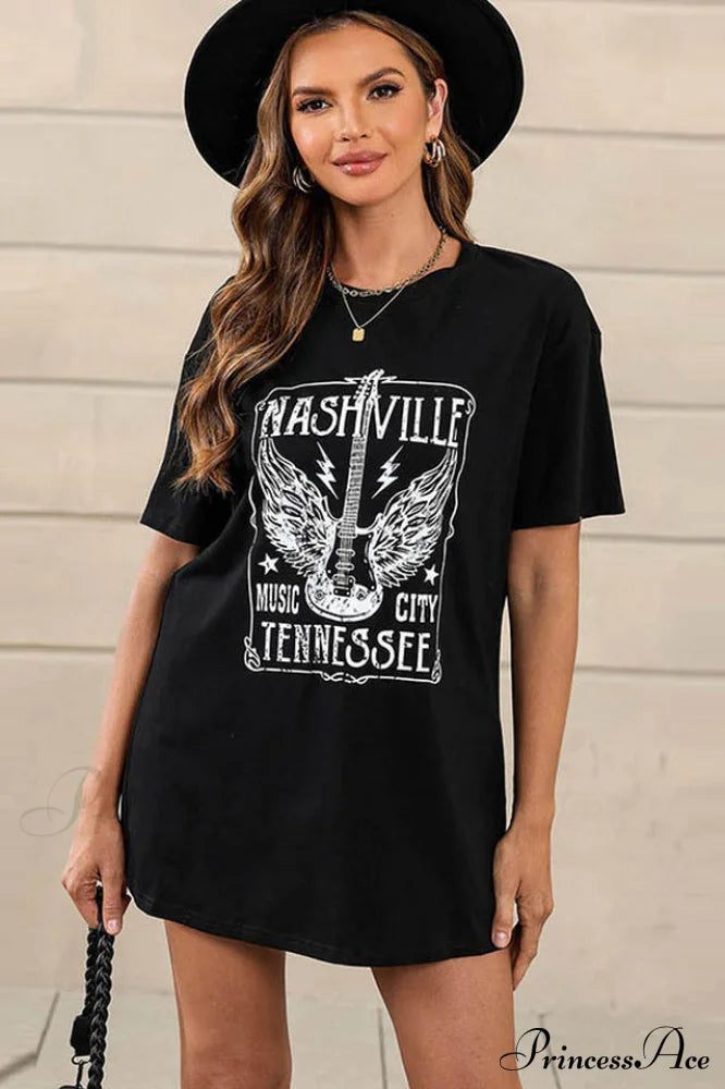 Guitar Slogan Letter Graphic Tee | Dress In Beauty