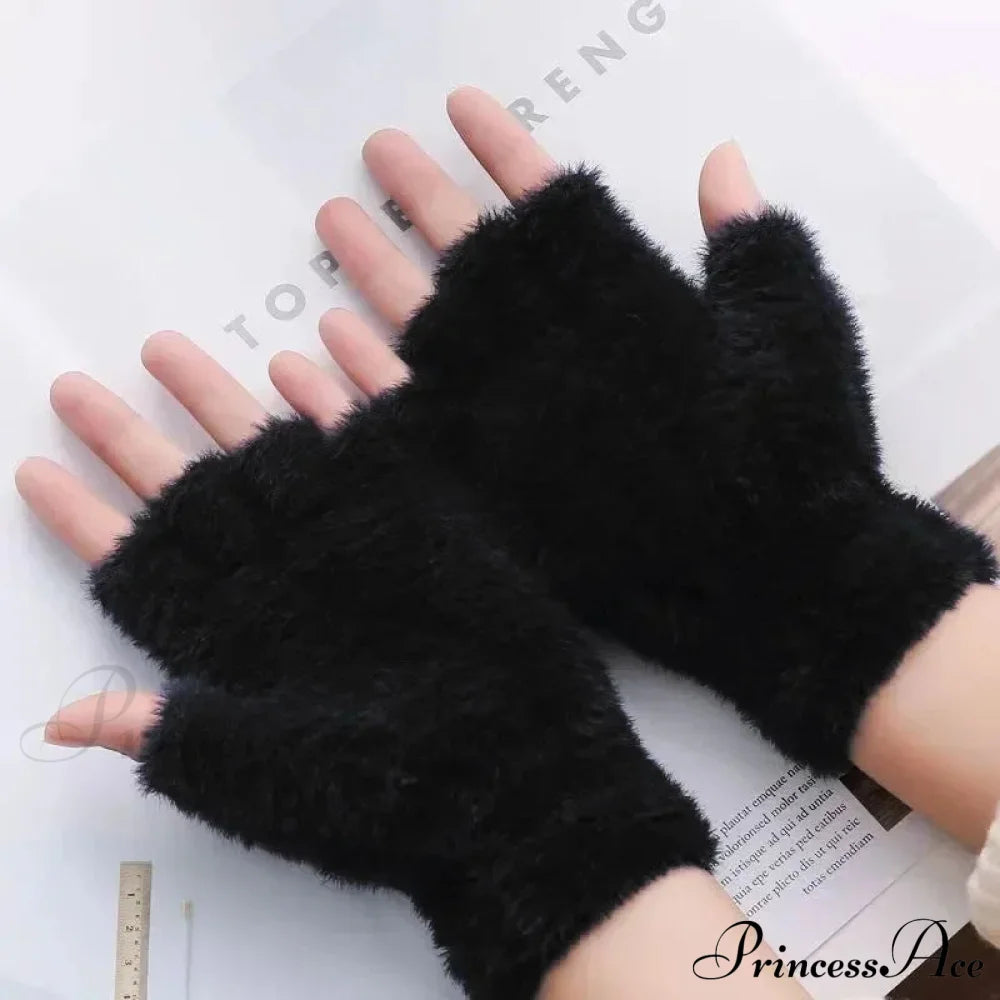 Half Finger Imitation Mink Cashmere Woolen Driving Glove For Winter Outdoor Christmas Black Gloves-L