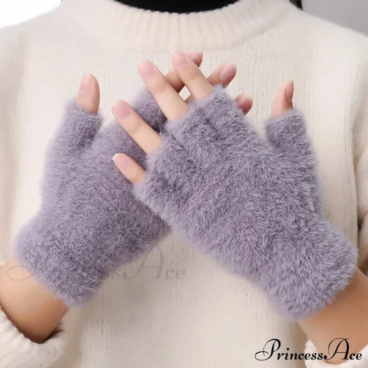 Half Finger Imitation Mink Cashmere Woolen Driving Glove For Winter Outdoor Christmas Grey Gloves-L