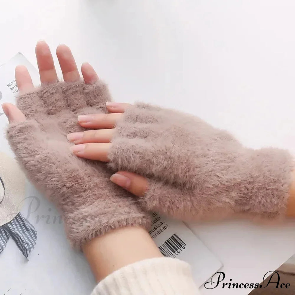 Half Finger Imitation Mink Cashmere Woolen Driving Glove For Winter Outdoor Christmas Khaki Gloves-L