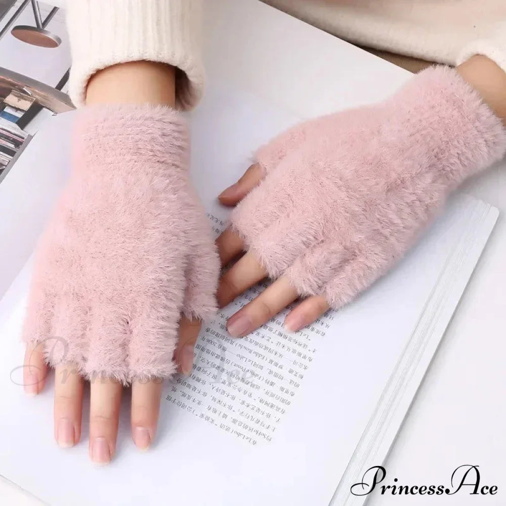 Half Finger Imitation Mink Cashmere Woolen Driving Glove For Winter Outdoor Christmas Pink Gloves-L