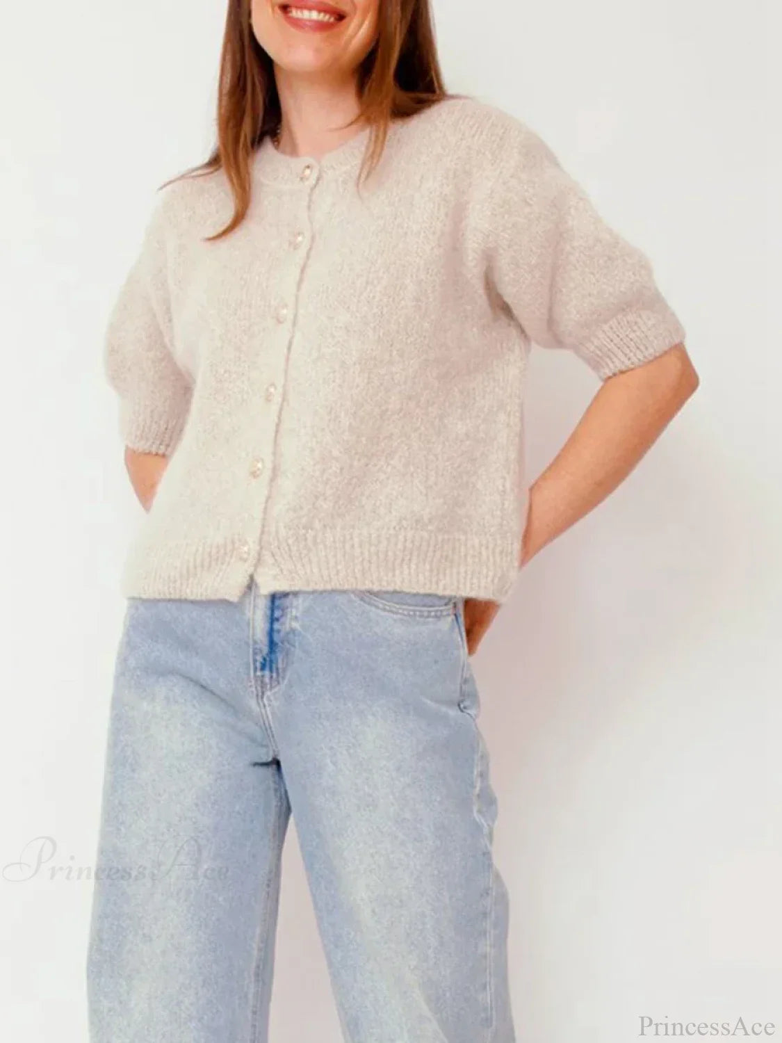 Half Sleeve O Neck Button-Up Knit Cardigan