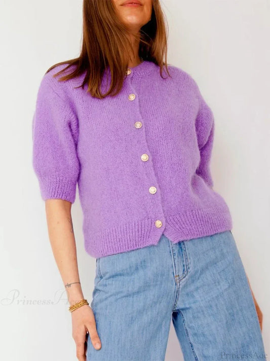 Half Sleeve O Neck Button-Up Knit Cardigan purple / S