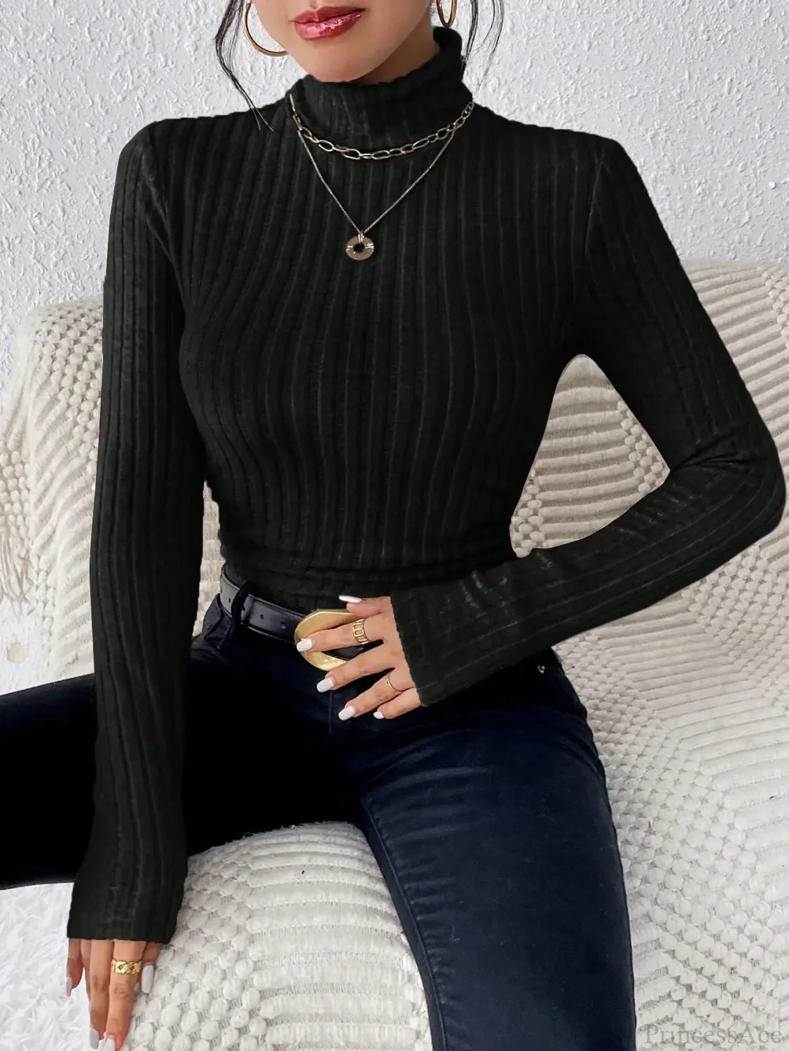 Half Turtleneck Sweater Slim Long Sleeve Knit Top Women black / XS knittop-250126
