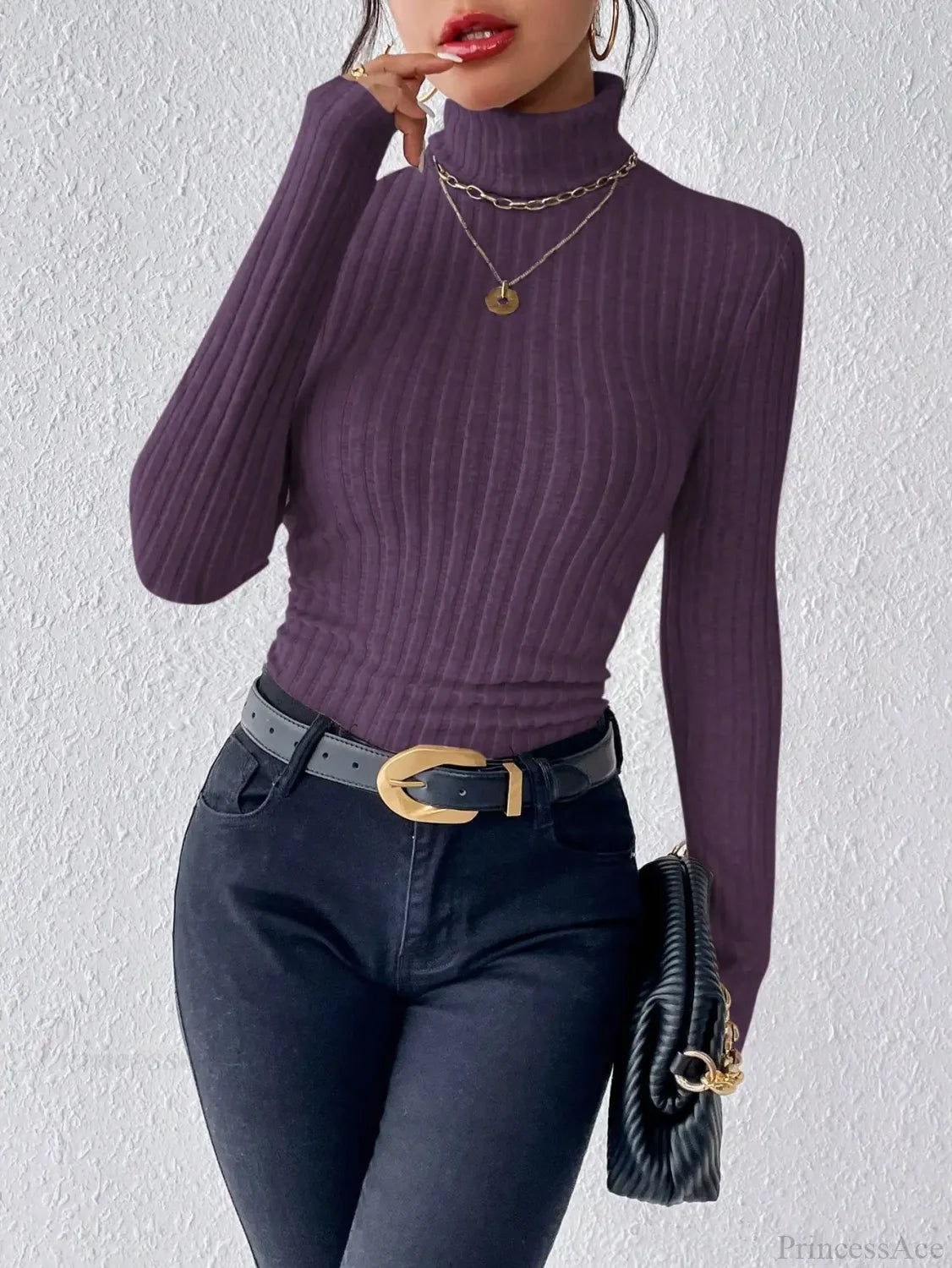 Half Turtleneck Sweater Slim Long Sleeve Knit Top Women knittop-250126
