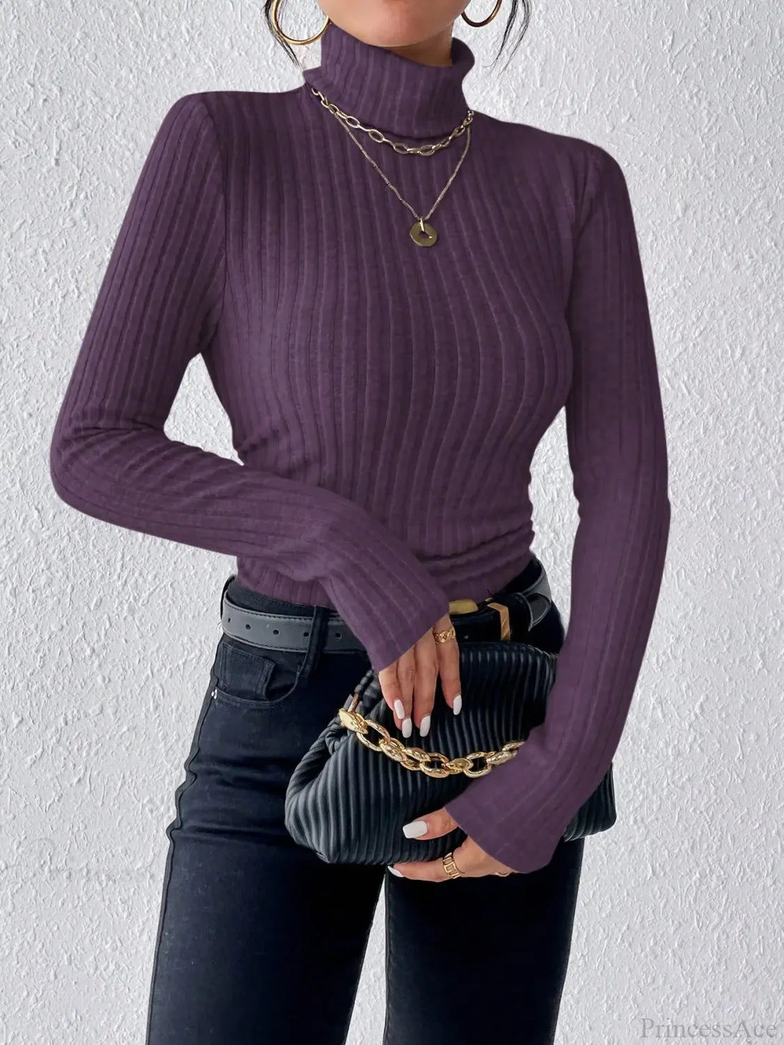 Half Turtleneck Sweater Slim Long Sleeve Knit Top Women knittop-250126