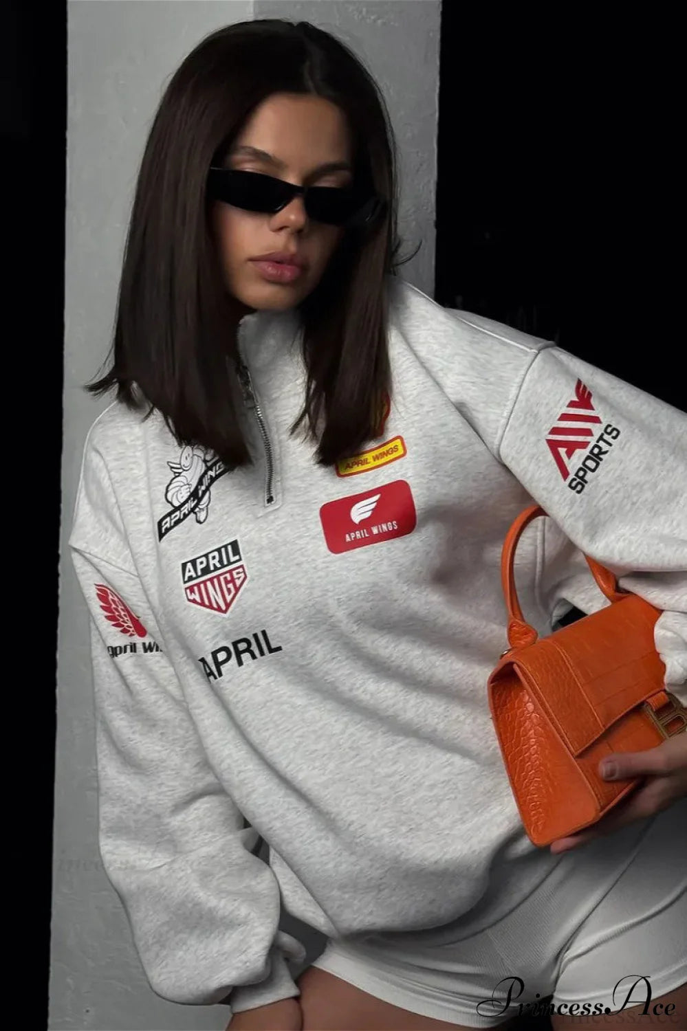 Half Zip Biker Print Stand Collar Loose Sweatshirt