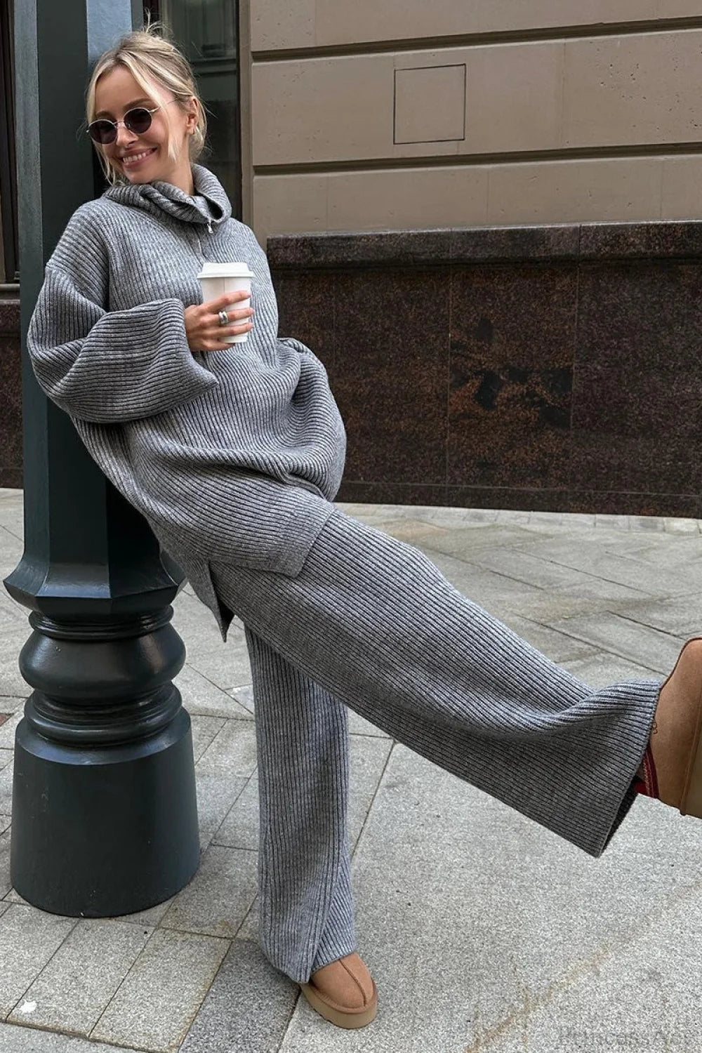 Half-Zip Knit Collared Long Sleeve Wide Leg Two Piece Set Grey / S