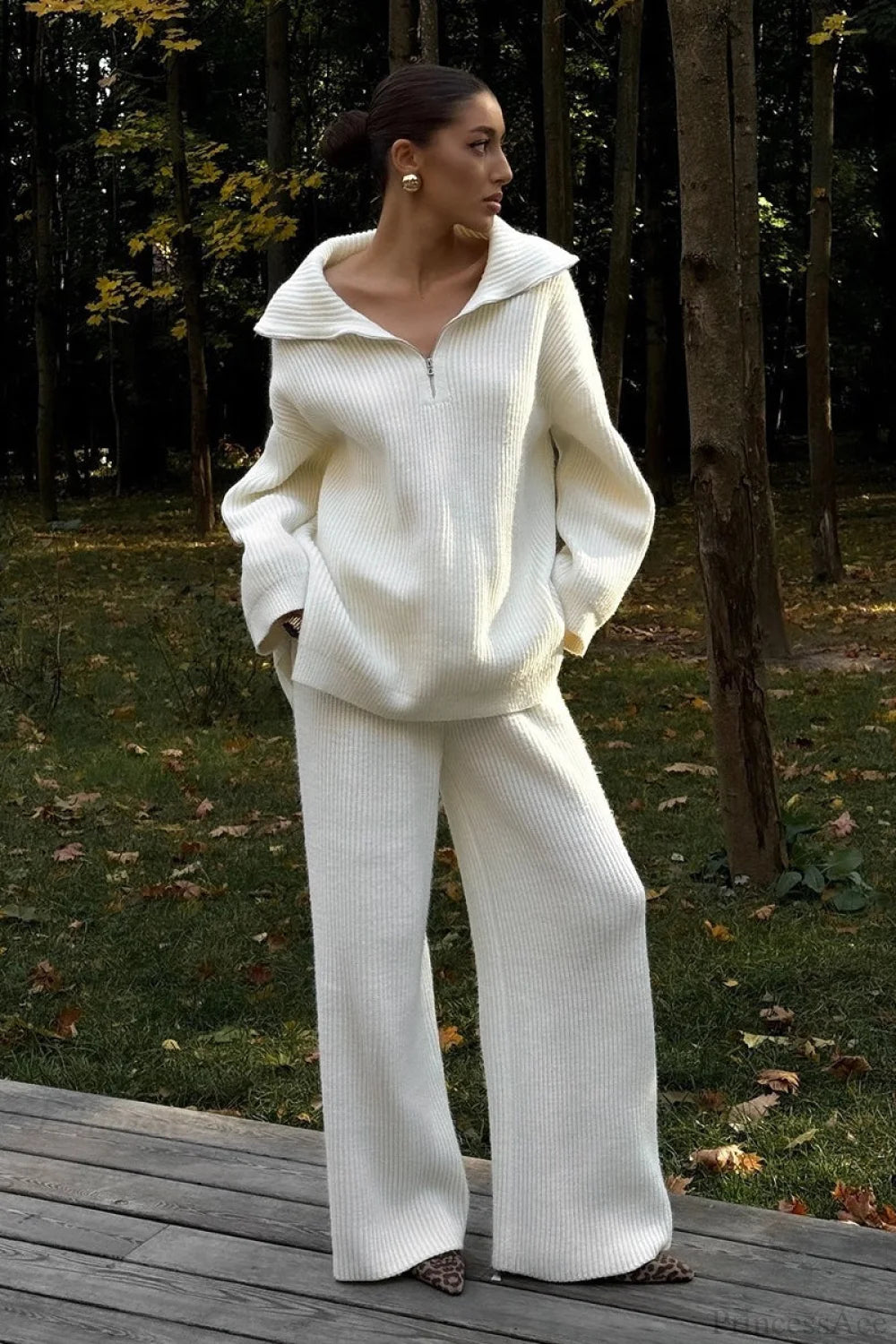 Half-Zip Knit Collared Long Sleeve Wide Leg Two Piece Set White / S
