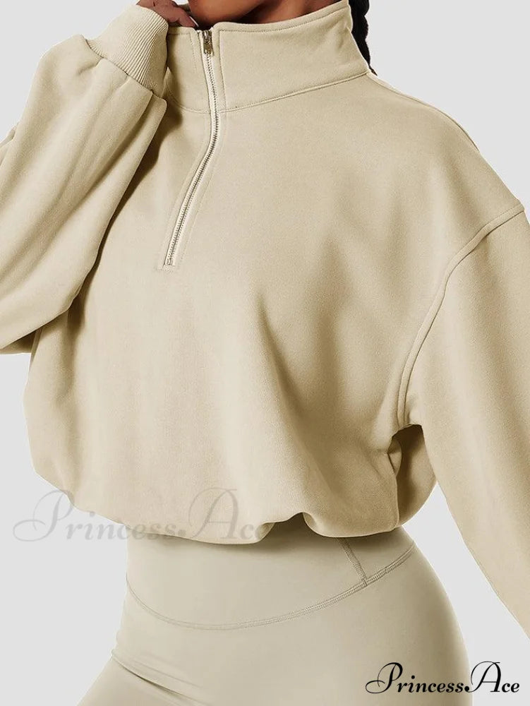Half Zip Long Trendy Sleeve Crop Top Beige / S Sweaters-L