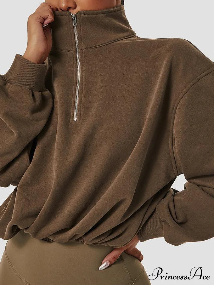 Half Zip Long Trendy Sleeve Crop Top Brown / S Sweaters-L