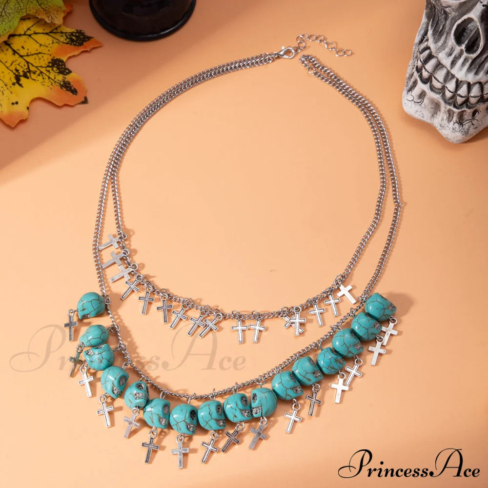 Halloween Cross Tassel Skull Fashion Punk Exaggerated Layered Necklace Blue