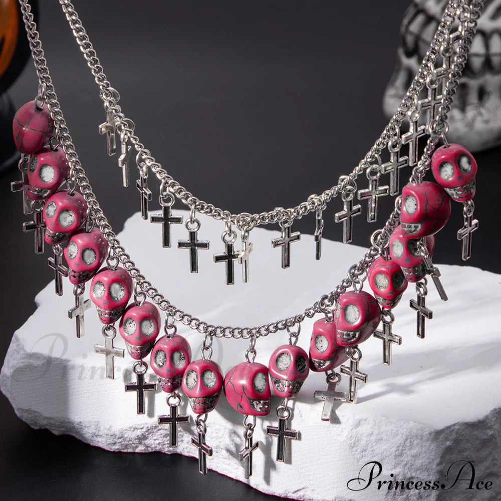 Halloween Cross Tassel Skull Fashion Punk Exaggerated Layered Necklace Pink