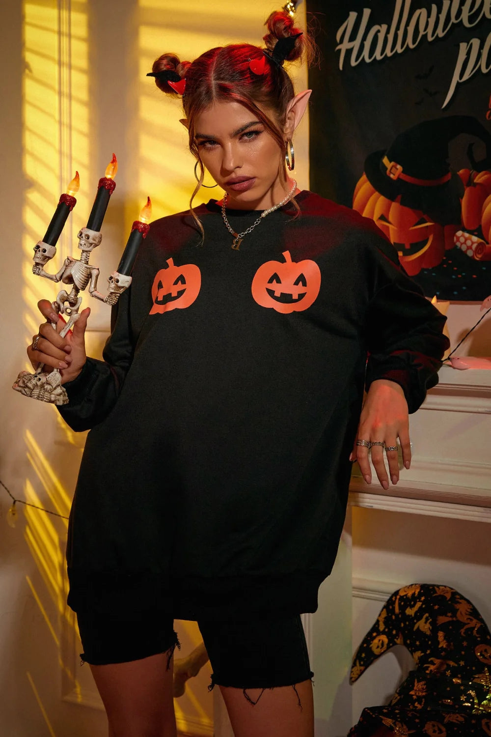 Halloween Graphic Print Hoodie Black / S