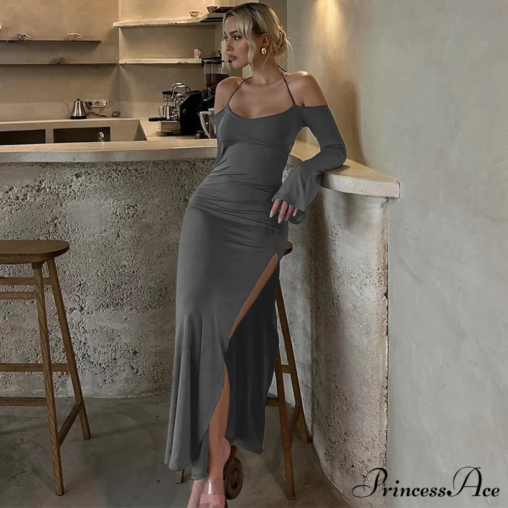 Halter Backless Es Elegant Sleeve Club Party Split Clothes Maxi Dress