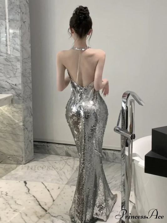 Halter Backless Pile Collar Mermaid Party Dress Silver / 4 Partydress-241208