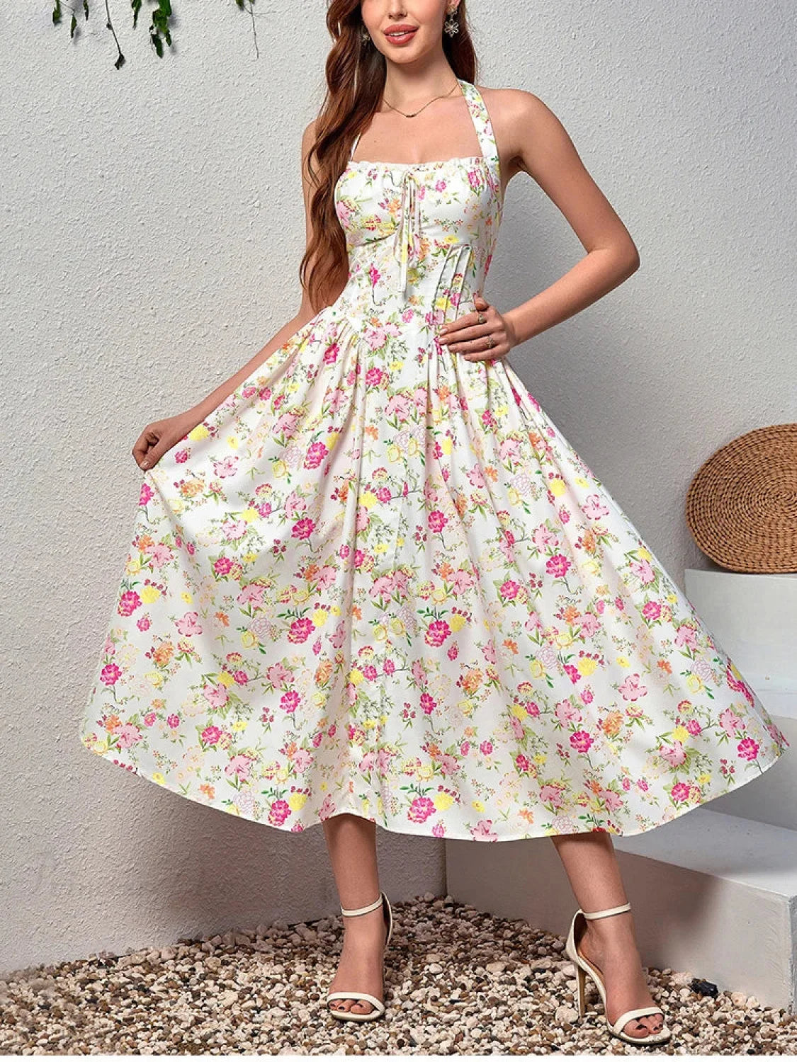 Halter Backless Print Floral Pink Dress White / XS